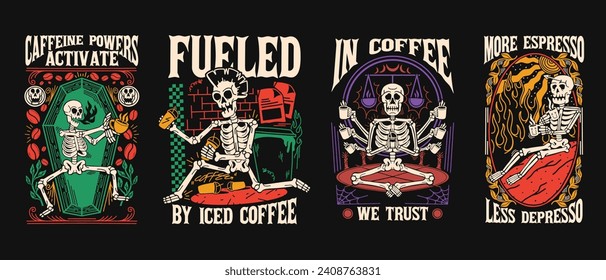 Vintage Coffee Skeleton T-shirt Designs Vector Bundle, Coffee Graphic T shirt Print