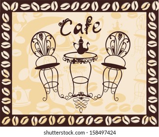 Vintage coffee table and chairs with a coffeepot for cafe sign