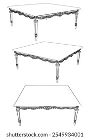 Conjunto de vetor de mesa de café vintage. Esboços em estilo barroco e clássico para interiores luxuosos. Ideal para entusiastas de móveis tradicionais.