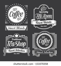 Vintage Coffee and tea labels. Vector designs on a black background