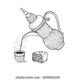 Vintage coffeepot poured coffee into figured cup with flavored vapor. Vector sketch drawing hot drink and oriental sweetness engraving style. Illustration of Ethiopian or Arabic coffee ceremony.