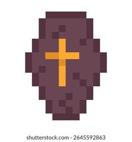 Vintage coffin icon in pixel style with golden cross great for games or spooky retro designs