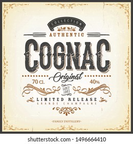 Vintage Cognac Label For Bottle/
Illustration of a vintage design elegant french cognac label, with crafted lettering, specific product mentions, textures and hand drawn patterns