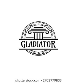 Vector de diseño de logotipo de elemento de pilar y gladiador de moneda vintage con estilo de línea