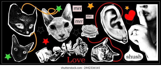 Vintage collage gothic grange hipster set. Halftone hands, mouth, cat, rose.Ear and hand gesture silence. Modern vector illustration.