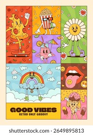 Vintage collage groovy cartoon characters poster. Vector retro joyful pizza, popcorn, flower, drink, rainbow, lips and ice cream y2k characters spreading cheerful, hippie and expressive good vibes
