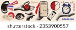 Vintage collage. Halftone hands, mouth, eyes, clock. Concept of deadlines and time management. Retro newspaper. Modern vector illustration.