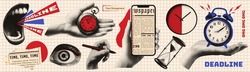 Vintage Collage. Halftone Hands, Mouth, Eyes, Clock. Concept Of Deadlines And Time Management. Retro Newspaper. Modern Vector Illustration.