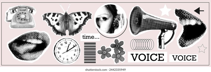 Vintage collage. Halftone hands, mouth, clock. Screaming into a megaphone. Ear with shell. Concept of deadlines and time management. Modern vector illustration.