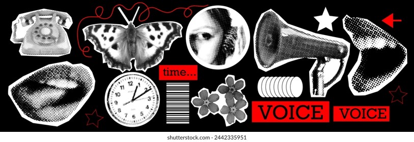 Vintage collage. Halftone hands, mouth, clock. Screaming into a megaphone. Ear with shell. Concept of deadlines and time management. Modern vector illustration.