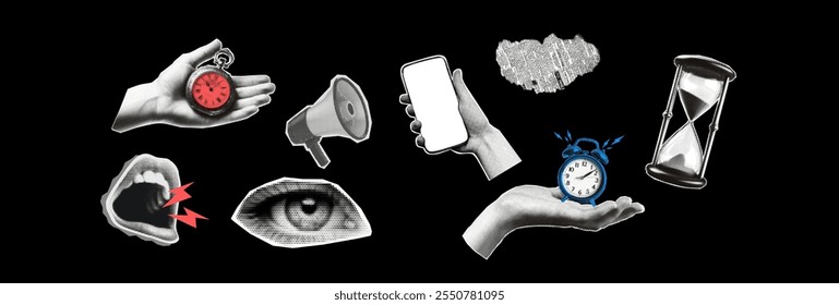 Vintage collage. Halftone hands, mouth, eyes, clock. Concept of deadlines and time management. Retro newspaper. Modern vector illustration.