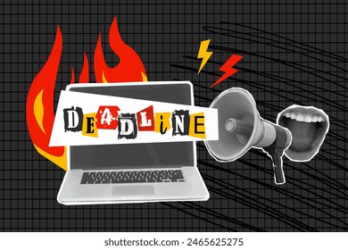 Vintage collage. Halftone megaphone, laptop, clock. Concept of deadlines and time management. Modern vector illustration. Fire elements and grunge texture