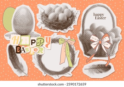 Vintage collage halftone stickers of eggs in basket, nest with and bird feathers and branch wreath for Happy Easter vintage design. Vector dotted zine illustration.