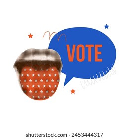 Vintage collage pop art banner about elections with vote text and halftone a scream open mouth with starry tongue. Vector illustration.