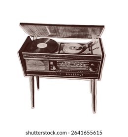 Vintage Collage of Retro Record turntable torn out magazine. Isolated vector design illustration cut from an old newspaper with a halftone effect. Trendy grayscale retro sticker with Bitmap texture