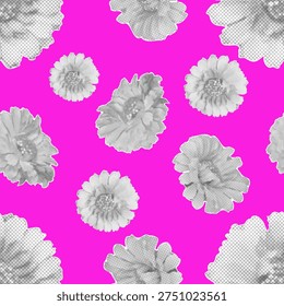 Vintage Collage Seamless Pattern in retro Halftone style. Design with Flowers on bright pink background. Vector illustration