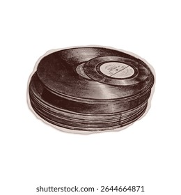 Vintage Collage of stack Vinyl LP cut out magazine. Isolated vector design illustration cut from an old newspaper with halftone effect. Trendy grayscale retro sticker Vintage plate with Bitmap texture