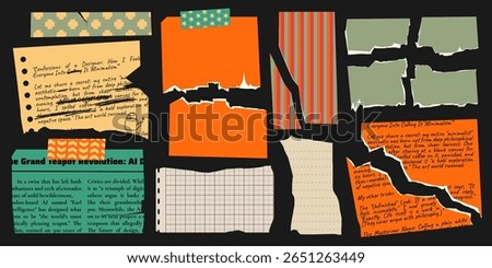 Vintage collage torn note papers with patterns - ripped orange sheets, handwritten journal pages, tape and strip scraps, graph paper pieces for creative scrapbook layouts or mood board designs.