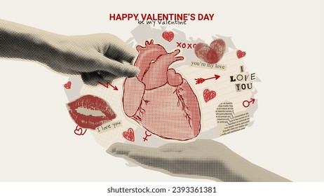 Vintage collage for Valentine's Day. Vector illustration with halftone hands holding heart. Concept of retro collage for Valentine's Day with cut out symbols and newspaper clipping.