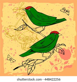 Vintage collage, Victorian style, with two exotic green birds, sitting on tree branch, with roses in background, butterflies flying around, on old paper texture; vector post card or poster design 