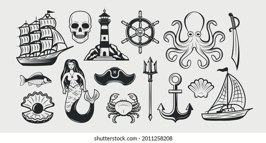 Vintage Collection of 15 Marine elements. Nautical elements. Sea Ship, Sailboat, Lighthouse, mermaid, Octopus, Anchor, Shell pearl, Poseidon's trident. Vector template.