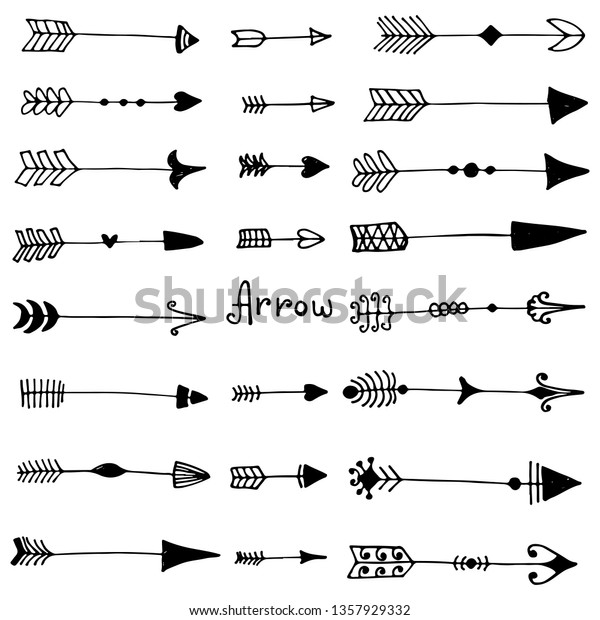 Vintage collection of arrows in sketch style.\
Set of black isolated elements, ink silhouette for web design,\
fabric, wrapping paper,\
wallpaper.