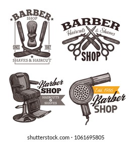 Vintage collection of barbershop engraving labels, badges and emblems. Sketch hand drawn logos