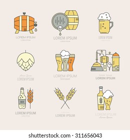 Vintage collection of brewery logos with sample text. Beer pub or brewing company logotype. Octoberfest icon series. Clean and modern line style vector art. 