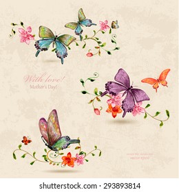 vintage a collection of butterflies on flowers. watercolor painting