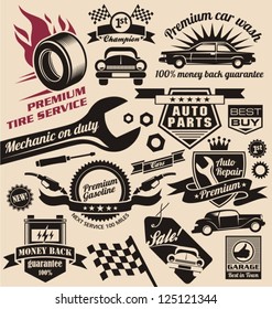 Vintage collection of car related signs, logos, icons and symbols with various design elements, ribbons and emblems.