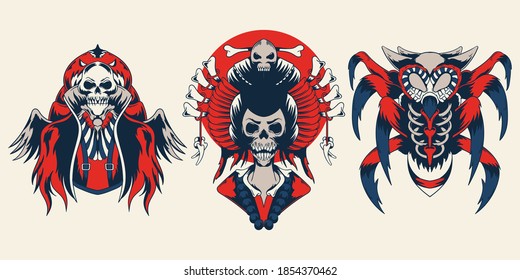 Vintage Collection Design Tattoo Pumpkins Halloween Skull Wings Japanese Knight Geisha with Bones Insect Owl Combinde Breastbones Vector Apparel Isolated Illustration