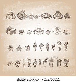 Vintage collection of desserts. Sketches of desserts hand-drawn. Vector illustration.