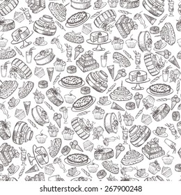 Vintage collection of desserts. Sketches of desserts hand-drawn. Seamless patten.Vector illustration.