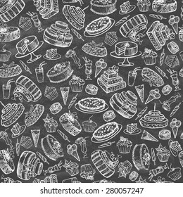 Vintage collection of desserts. Sketches of desserts hand-drawn with chalks on the blackboard. Seamless pattern. Vector illustration.