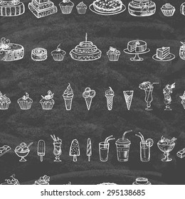 Vintage collection of desserts. Sketches of desserts hand-drawn with chalks on blackboard. Seamless background. Vector illustration.