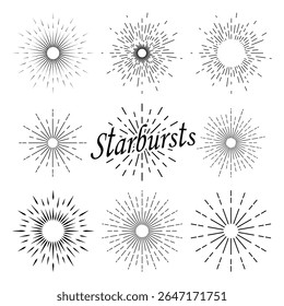 Vintage collection of eight sunbursts on a white background. The radial rays of the setting sun. A sunbeam with lines. Retro logo in the form of a circle with radial rays. Vector EPS 10.