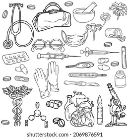 Vintage collection of elements of vector medical care. Graphic outlines set of medical or pharmacy equipment, drugs, pills, an injection, stethoscope, microscope