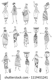 vintage collection of fashion african women for your coloring book