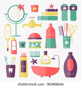 Vintage collection of flat bathroom icons. Vector bathroom illustrations