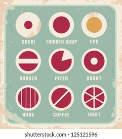 Vintage collection of food related signs, symbols and icons for web or restaurant menu. Retro poster design.