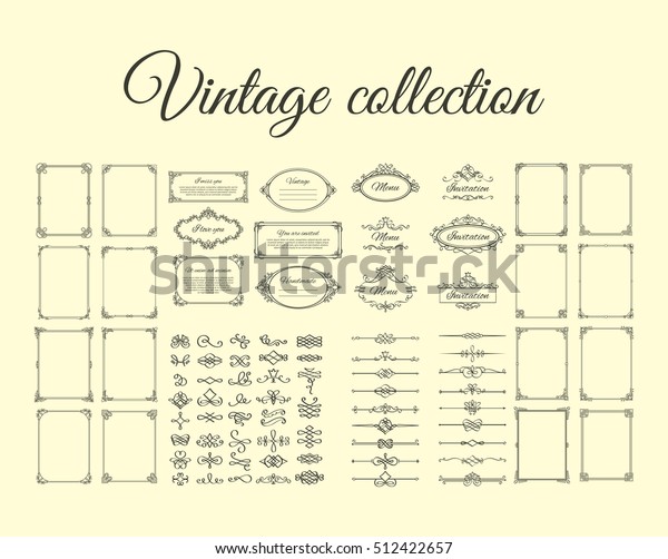 Vintage collection. Frames,\
calligraphic borders, dividers, vignettes and flourishes vector\
icons