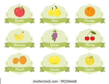 Vintage collection fruits badge, sticker and logo design in vector. Set of fruits labels collection tag in vintage style.