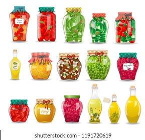 vintage collection of glass jars with preserved vegetables, mushrooms, fruit and honey for your design