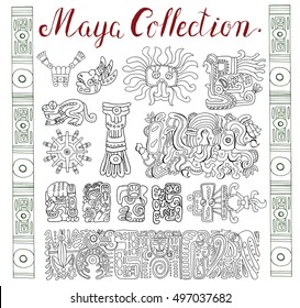 Vintage collection with graphic maya, inca and aztec zodiac ornaments and symbols in old american indian style. Pattern vector illustration and doodle drawing for design. Ancient glyphs and icons