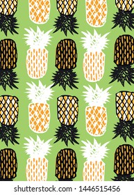 Vintage collection with green leaves flowers fashion fabric. Retro vintage art design. Pineapple pattern. Modern color abstract background. Invitation background. Spring blossom. Exotic fruit print