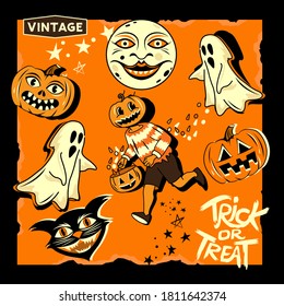 A Vintage Collection Of Halloween Characters And Decorations. Vector Illustration.