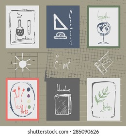 Vintage collection of hand drawn doodle school elements, school subjects icons, grunge textures