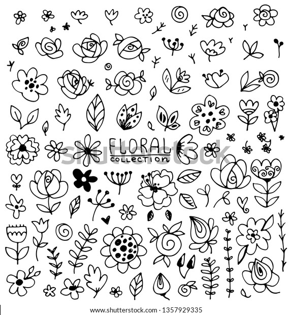 Vintage collection of\
hand drawn flowers with leaves. Set of black isolated natural\
elements, herb silhouette for design seamless patterns, fabric,\
wrapping paper,\
wallpaper.