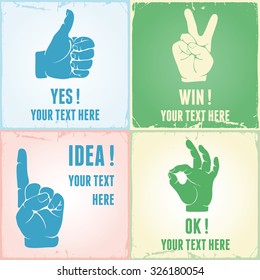 Vintage collection of hand gestures. Silhouettes, vector illustration, grunge background.
