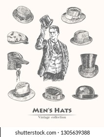 Vintage collection of vintage Hats sketch. Gentleman takes off his top hat. Fedora, Homburg, Bowler, cowboy, Porkpie, Boater, Campaign , Stingy Brim. Hand drawn